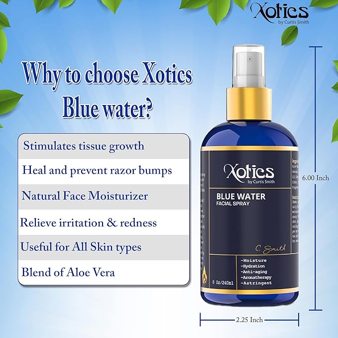 Xotics Blue Water Facial Spray - 8oz - Hydrating Face Mist with Aloe Vera - Refreshing Toner for Men & Women, Aftershave, Daily Moisturizing Splash for All Skin Types-Velvo Beauty