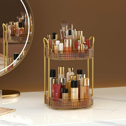 Awenia Rotating Makeup Organizer 360, Stackable Adjustable Large Capacity Cosmetic Storage Unit,Dresser Bathroom Kitchen Countertop Organizer with Metal Handle, Plus Size (Honorable Gold, 2 Tier)-Velvo Beauty
