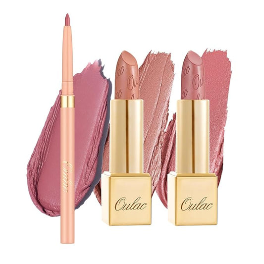 Oulac Lipstick & Lipliner Set 3PCS High Impact Lipcolor with Moisturizing Formula, Vegan Beauty, Full-Coverage Lip Color, Gift Lipstick for Women, LL01+07+13-Velvo Beauty