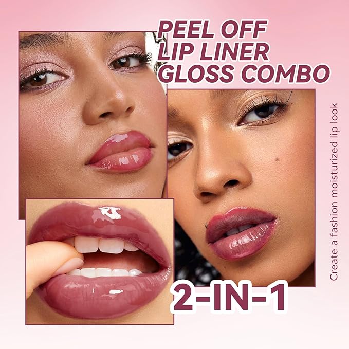 Dual-Ended Peel Off Lip Stain Liner, Long Lasting Waterproof Peel Off Lip Liner Tattoo with Nourishing Clear Gloss Combo Set, Transfer-Proof Non-Stick Cup Shiny Lips Tint Lipstick Makeup07-Velvo Beauty