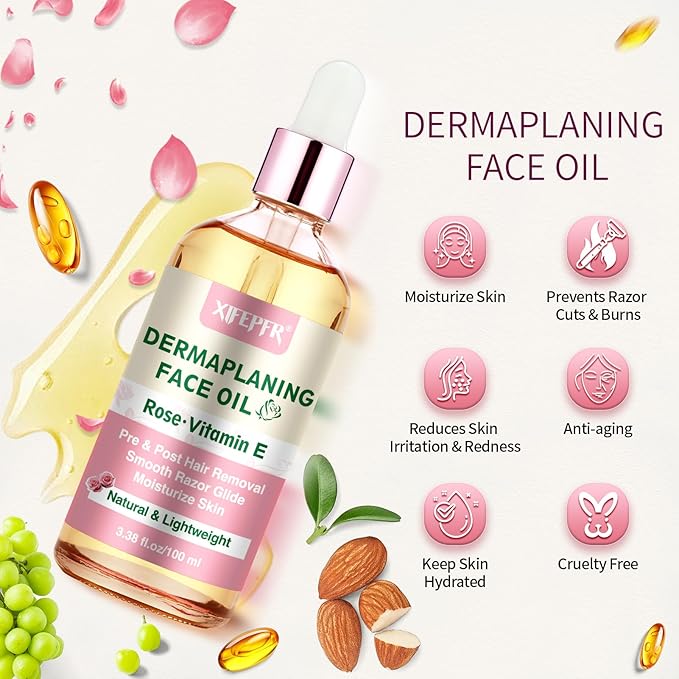 Dermaplaning Kit, Rose & Vitamin E Oil, Shave Oil with Dermaplaning Tools for Women, Facial Razor, Eyebrow Razor, Softens Area Pre Shave & After Shave-Velvo Beauty