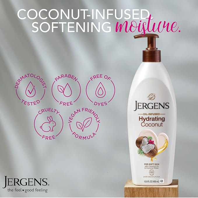 Jergens Hydrating Coconut Body Lotion, Hand and Body Moisturizer, Infused with Coconut Oil, Hydrates Dry Skin Instantly, Dermatologist Tested, 16.8 oz-Velvo Beauty