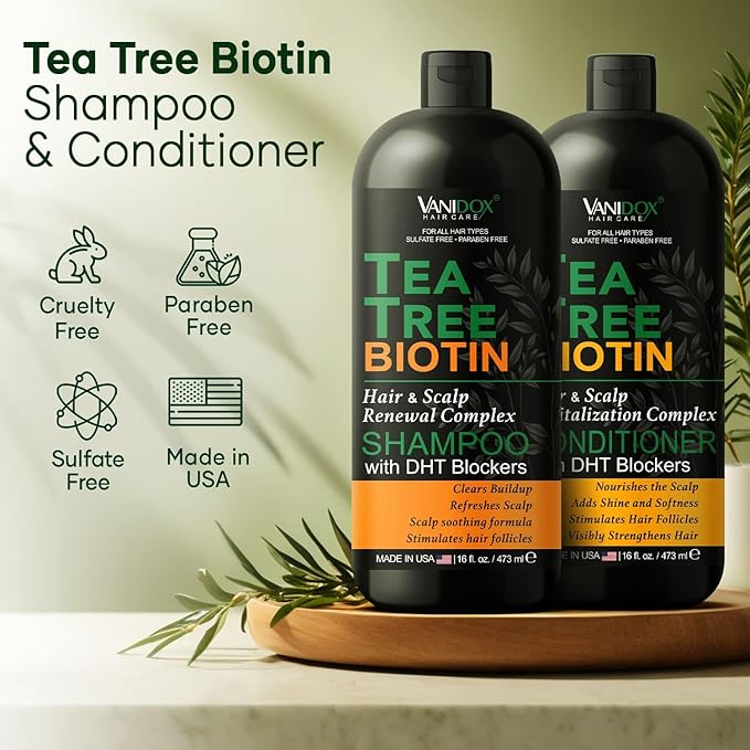 Tea Tree Oil Shampoo and Conditioner Set with Biotin, DHT Blockers, Itchy Scalp Relief, Supports Thicker-Looking Hair, Cleanses Dandruff & Buildup, For Men & Women, Made in USA, 16 fl oz Each-Velvo Beauty