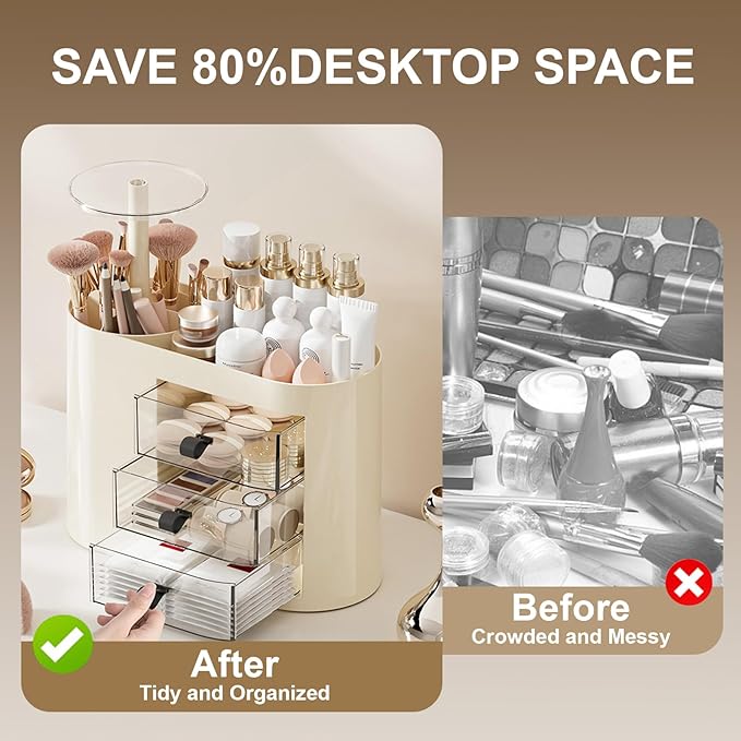 DASITON Makeup Organizer with 3 Drawers,Automatic Lifting Makeup Brush Holder with Lid,Large Capacity Makeup Organizers for Vanity,Bathroom Countertop,Ideal Storage Skin Care,Brushes,Lipstick (Cream)-Velvo Beauty