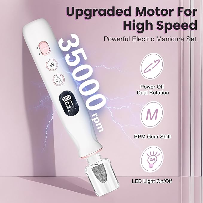 Electric Nail Drill, Cordless 2000 mAh Rechargeable Portable Nail File 12 in 1 Kit for Thick Toenails, 10 Speeds Nail Dril Machine Professional Manicure Pedicure for Hand Natural Nails Care (White)-Velvo Beauty