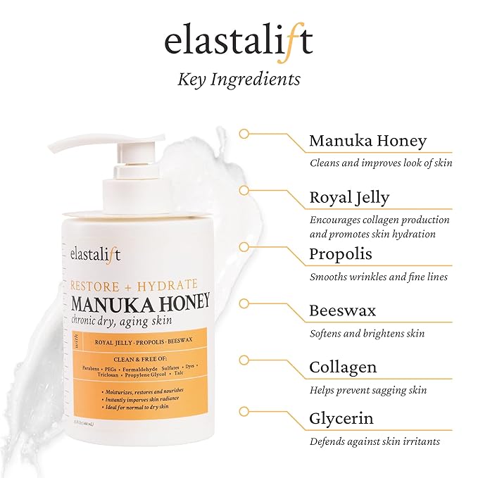 Elastalift Manuka Honey Cream Face Moisturizer & Body Butter Lotion For Dry Skin | Firming & Hydrating Miracle Balm Skin Care Moisturizing Lotion For Women, Wrinkles, & Sun Damaged Skin, 15 Fl Oz-Velvo Beauty