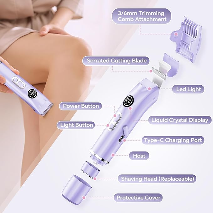 Bikini Trimmer for Women|Hair Removal Shaver - Painless Electric Razor, Cordless Body Shaver for Travel, Replaceable Lady Facial Razor|Trim Nasal/Eyebrows, IPX7 Waterproof&Easy Cleaning, Ceramic Blade-Velvo Beauty