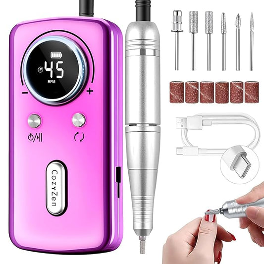 CozyZen Cordless Nail Drill Professional: 45000 RPM Rechargeable Electric Nail File Kit, Portable & Low Noise for Acrylic, Gel Nails, Manicure & Pedicure - Salon & Home Use-Velvo Beauty