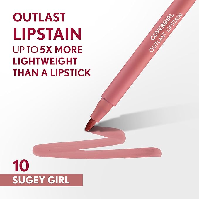 COVERGIRL Outlast, 10 Sugey Girl, Lipstain, Smooth Application, Precise Pen-Like Tip, Transfer-Proof, Satin Stained Finish, Vegan Formula, 0.06oz-Velvo Beauty