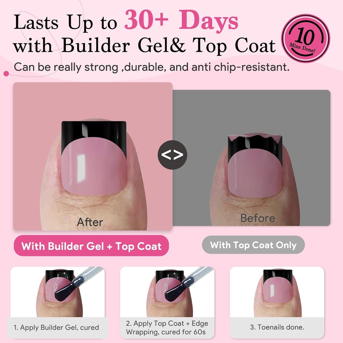 Toenail Press Ons French Tip, Berry Pink Black Elegant False Toe Nail Extension 15 Sizes 270 Pcs Sharp Square Acrylic Tips Pre-applied Nail Primer & Base Coat Full Cover for DIY Home 2025 Summer-Velvo Beauty