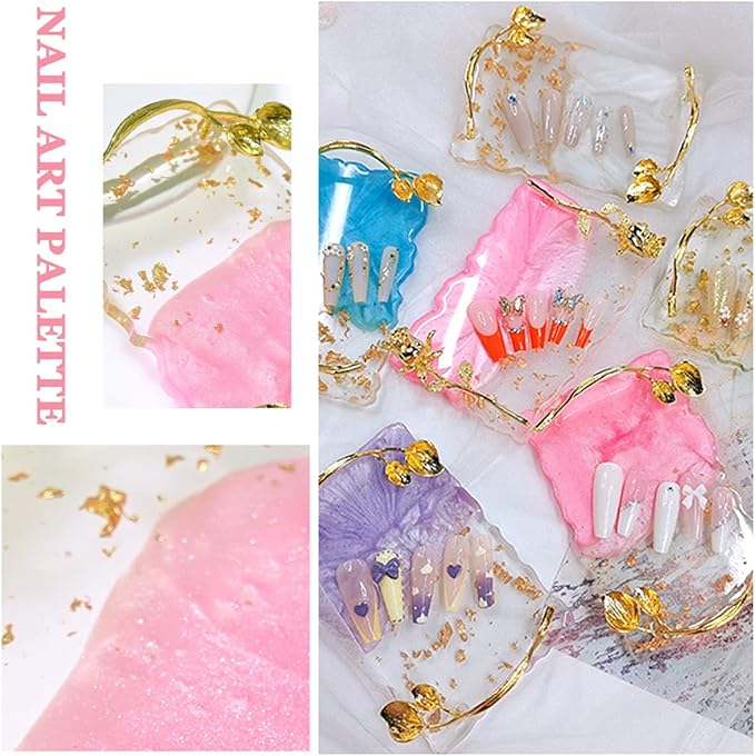 2023 Retro Nail Art Palette, Nail Painting Mixed Color Palette with Leaves Handle, Nail Holder Gel Color Makeup Display Board Pallet (Pink)-Velvo Beauty