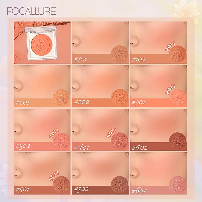 FOCALLURE Powder Palette Blush, Matte Mineral Blush Powder, Bright Shimmer Face Blush Makeup, Contour and Highlight Blush Palette, Highly Pigmented, Long Lasting, Waterproof, Blendable, #601-Velvo Beauty