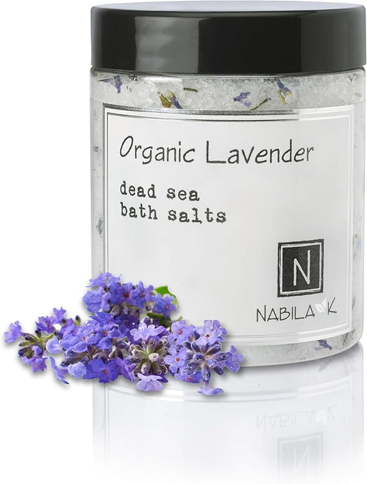 Organic Lavender Bath Salts by Nabila K - Dead Sea Salt & Epsom Salt Scrub & Soak - Exfoliates & Hydrates Skin, Botanical Essential Oils - Bubble Bath Accessories for All Skins Types, 2 oz-Velvo Beauty