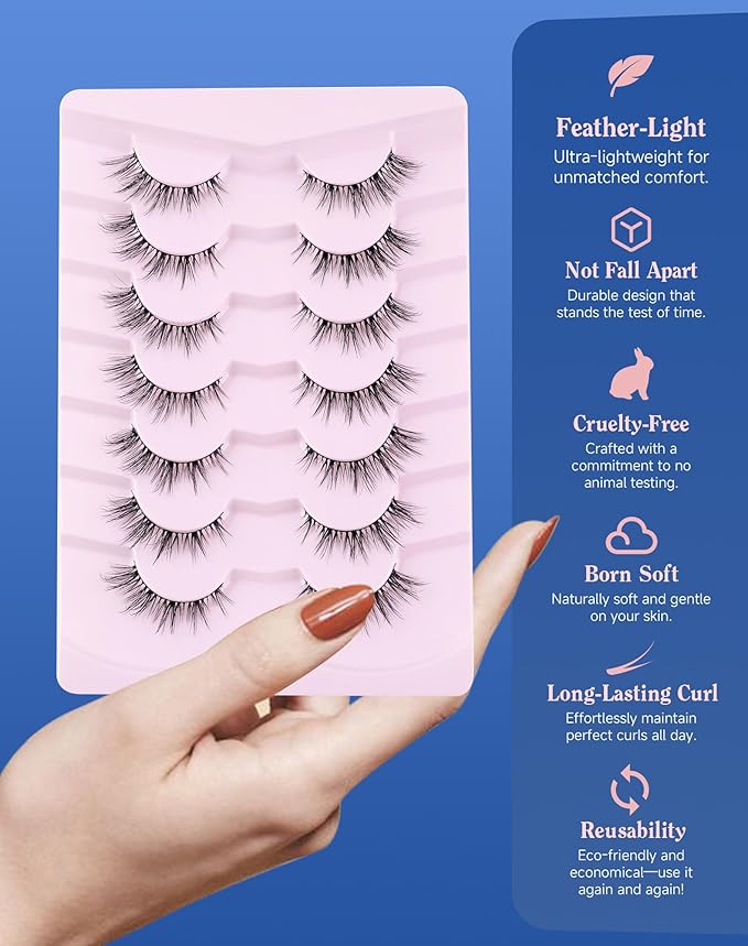 Lashes Volume False Eyelashes Wispy Natural Look Everyday Flared Strip EyeLash Fluffy Lash Long Soft Round-Eye Pack 16MM 7 Pairs D89-Velvo Beauty