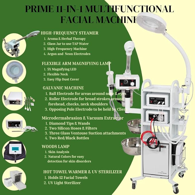 Prime 13 in 1 Facial Machine: High Frequency Aromatherapy Steamer, Galvanic, Brush Massager, Vacuum Extractor, Diffuser and Hot Towel Warmer-Velvo Beauty