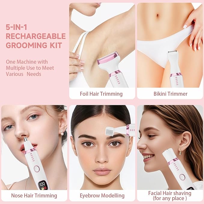 Electric Razor Shavers for Women 5 in 1 Electric Shaver for Women,Cordless Replaceable Facial Eyebrow Razors & Nose Hair Trimmer, Wet Dry Bikini Trimmer Pubic Hair Removal Gifts for Womens 3028A White-Velvo Beauty