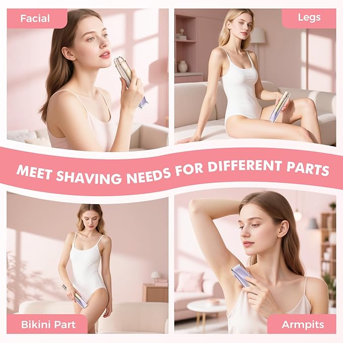 2 in 1 Bikini Trimmer for Women, Dual Head Electric Razor, IPX7 Waterproof Wet/Dry Use Women Electric Shaver, Painless Body Facial Hair Remover for Bikini Legs Arm Underarm, (Purple)-Velvo Beauty