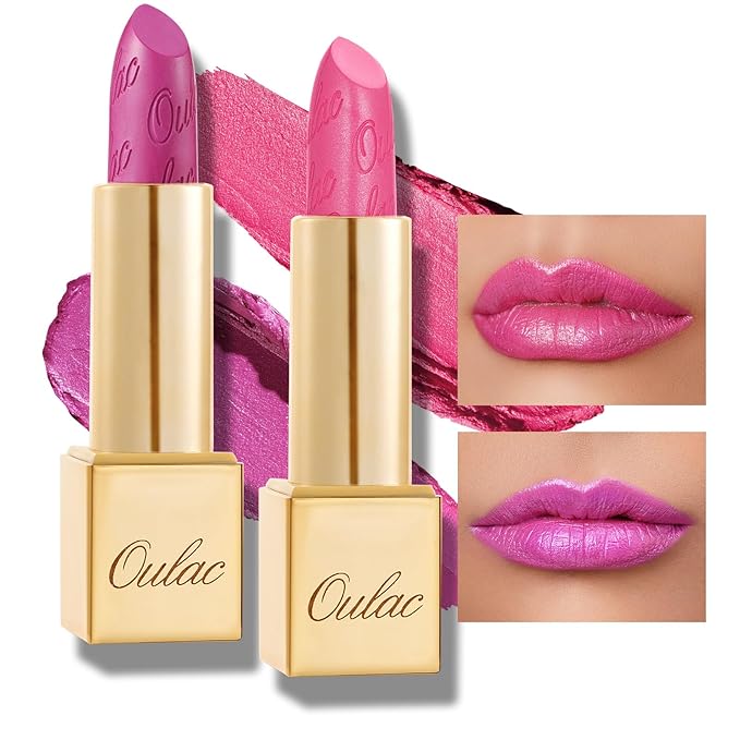 Oulac Metallic Fuchsia & Pink Lipstick Set - 2PCS Vegan Lightweight Hydrating Formula with High Impact Lip Color for Full Coverage Lip Makeup, Christmas Gifts for Women, 15+17-Velvo Beauty