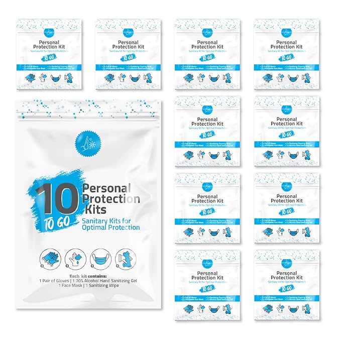 Personal Protection Kit TO GO, Mini 4 Item PPE Kit for travel and school | Includes 1 Each of Face Covering, Gloves, Cleansing Wipes & Hand Cleansing Gel | 10 - Pack (Light Blue)-Velvo Beauty