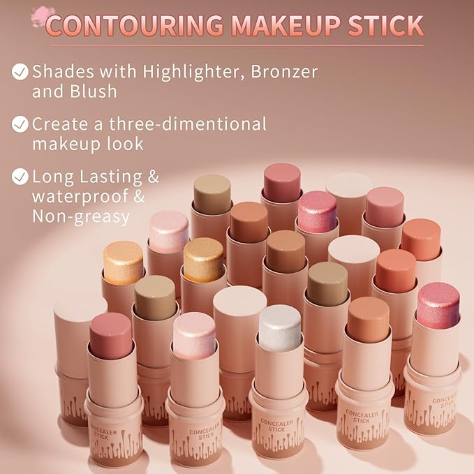 3Pcs Cream Contour Stick, with Highlighter Stick Milk Bronzer Stick Blush Stick, Face Contour Stick Highlighter Makeup with Makeup Brush and Sponge, Easy to Sculpt the Face, Long Lasting-Velvo Beauty