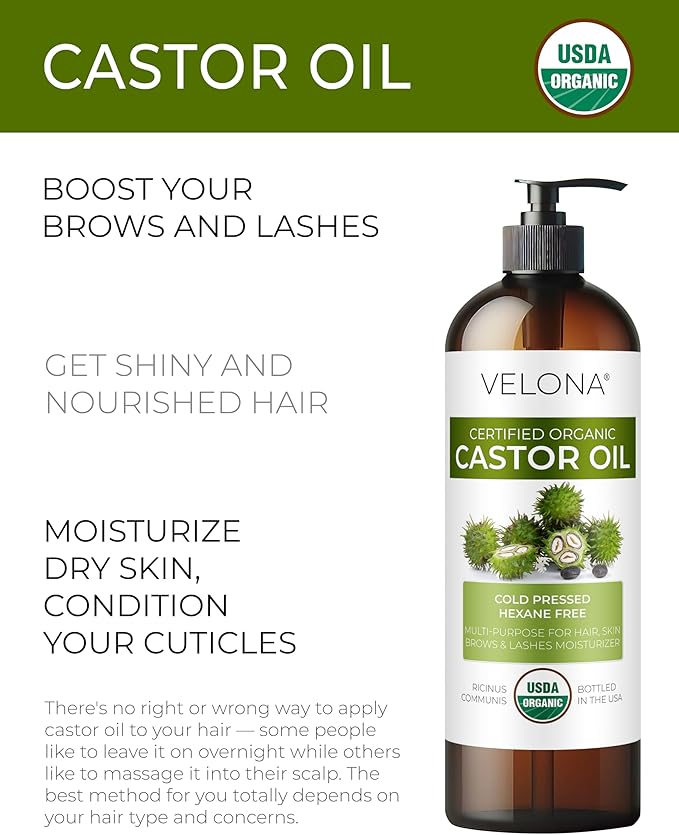 velona USDA Certified Organic Castor Oil - 16 fl oz (With Pump) | For Hair Growth, Boost Eyelashes, Eyebrows | Cold pressed, Natural Oil, USP Grade | Hexane Free, Lash Serum, Caster-Velvo Beauty