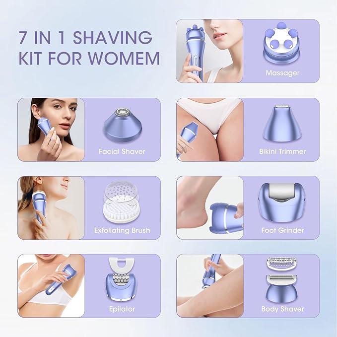 Electric Shavers for Women, 7 in 1 Hair Removal Kit with Epilator Bikini Trimmer Face Razor Body Brush Face Massager Foot Callus Remover, IPX7 Waterproof Lady Razors Set for Legs Armpit Bikini Pubic-Velvo Beauty