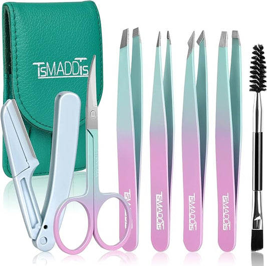 TsMADDTs 7PCS Tweezers for Women Facial Hair, Precision Tweezer Set for Eyebrows with Curved Scissor and Eyebrow Razor for Ingrown Hair-Velvo Beauty