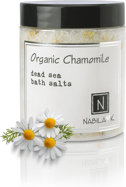 Organic Chamomile Bath Salts by Nabila K - Dead Sea Salt & Epsom Salt Scrub & Soak - Exfoliates & Hydrates Skin, Botanical Essential Oils - Bubble Bath Accessories for All Skins Types, 8 oz-Velvo Beauty