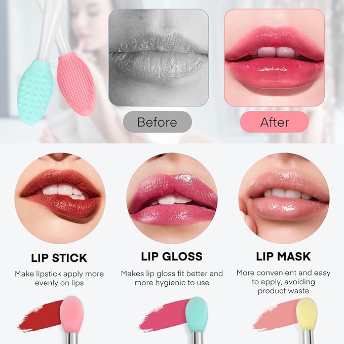 Unaone Lip Scrub Brush - 4 PCS Dual-ended Lip Scrubber Exfoliator and Silicone Lip Brush, 2-in-1 Silicone Lip Scrub Tool Lip Mask Applicator, Gentle Exfoliator & Applicator for Soft-Velvo Beauty