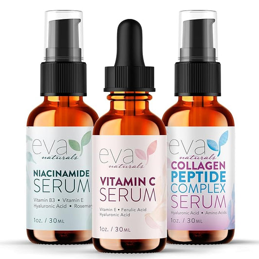 Eva Naturals Firm & Glow Serum Bundle – Vitamin C, Peptide & Niacinamide Serums – Anti-Aging Face Serum Set for Wrinkles, Glow, Pores, Hydration – Collagen Boosting Skin Care Routine-Velvo Beauty
