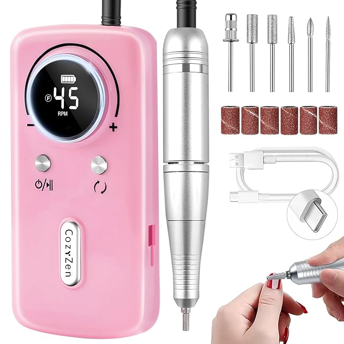 CozyZen Cordless Nail Drill Professional: 45000 RPM Rechargeable Electric Nail File Kit, Portable & Low Noise for Acrylic, Gel Nails, Manicure & Pedicure - Salon & Home Use-Velvo Beauty