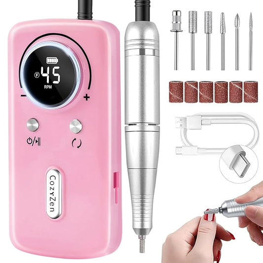 CozyZen Cordless Nail Drill Professional: 45000 RPM Rechargeable Electric Nail File Kit, Portable & Low Noise for Acrylic, Gel Nails, Manicure & Pedicure - Salon & Home Use-Velvo Beauty