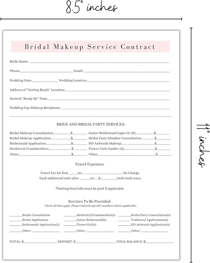 Bridal Makeup Service Contract | 100 Pack | 8.5 x 11" A1 Forms | Makeup Artist Supplies | Bridal Contract | White and Pink Forms-Velvo Beauty
