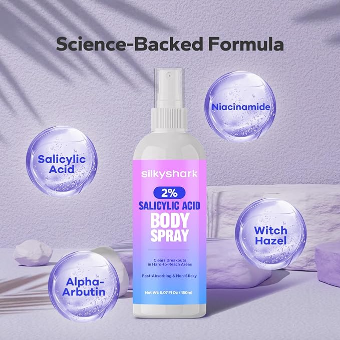 Salicylic Acid Spray (5.07 Fl Oz), 2% Salicylic Acid Body Spray, Body Acne Treatment for Bacne, Blackheads & Blemishes, Back & Chest Acne Spray for Face & Body, 360° Mist for All Skin Types-Velvo Beauty