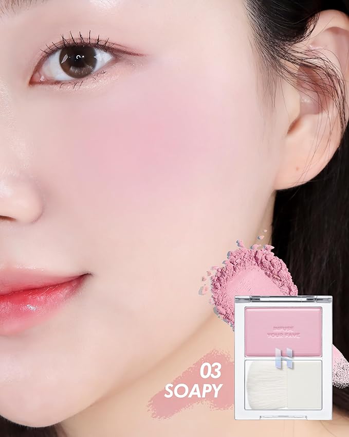 HOLIKA HOLIKA Infusing Blush with Brush - Lightweight, Smooth, Blendable Cheek Blusher, Sebum-Control, Natural Pore Coverage, Built-In Brush, Long-Lasting Pigment for Romantic Mood (03 SOAPY)-Velvo Beauty