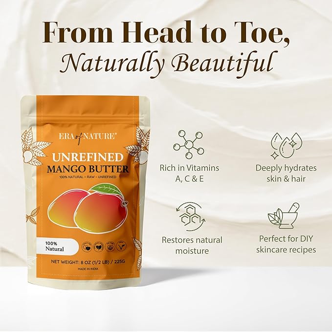era of nature Organic Unrefined Raw Mango Body Butter Block 8oz - Moisturizing Mango Seed Raw Butter Bar for Skin & Hair, DIY Lip Balm Base, Cream, Soap & Lotion Making Supplies Kit, Personal Skincare-Velvo Beauty