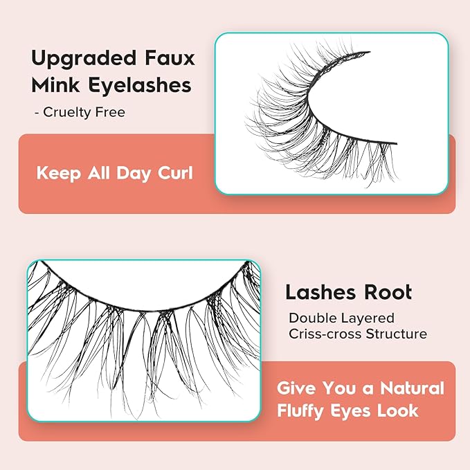 Natural Lashes Wispy False Eyelashes 10mm Short Lashes 3D Volume Strip Lashes Fake Eyelashes Siligli Lashes Thin Band Curly Eye Lashes Pack 10 pair-Velvo Beauty