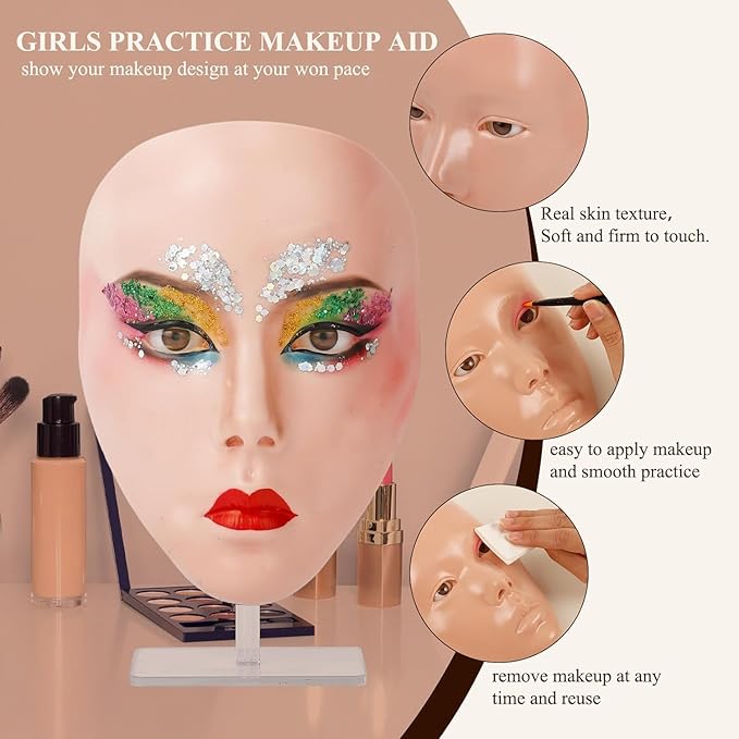 Practice Makeup Face, Face Painting Mannequin Head with Stand, 5D Reusable Silicone Makeup Face Practice, Mannequin Head for Makeup with Makeup Kit, Practice Face for Makeup Artist & Beginner, Pink-Velvo Beauty
