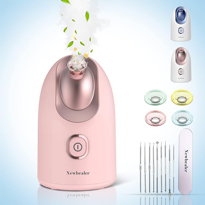 Newbealer Facial Steamer, Mini Aroma Face Steamer, Nano Ionic Hot Mist Facial Humidifier Atomizer, Home Sauna Spa Sprayer Moisturizing Cleansing Pores, 9 Pieces Acne Remover Kit (Pink-Gold, 160ml)-Velvo Beauty