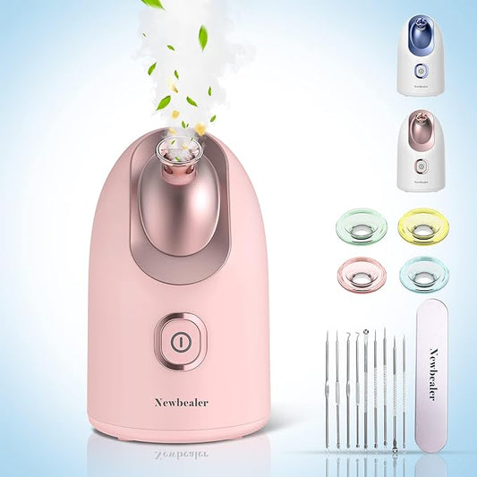 Newbealer Facial Steamer, Mini Aroma Face Steamer, Nano Ionic Hot Mist Facial Humidifier Atomizer, Home Sauna Spa Sprayer Moisturizing Cleansing Pores, 9 Pieces Acne Remover Kit (Pink-Gold, 160ml)-Velvo Beauty