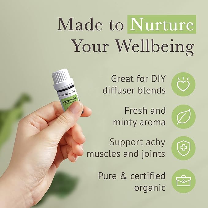 Pranarom USDA Certified Organic Peppermint Essential Oil (5ml), 100% Pure Undiluted Therapeutic Grade from India for Aromatherapy, Diffuser, Topical, Cooling, Massage & Relaxation-Velvo Beauty