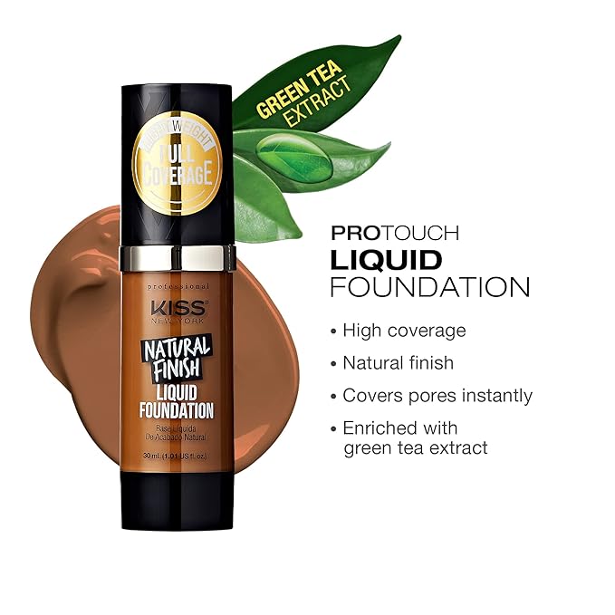 Kiss New York Professional Liquid Foundation - Lightweight and Hydrating Formula, Natural Finish, Control Shine, Cover Pores, Medium to Full Coverage, Green Tea Extract (Warm Coconut)-Velvo Beauty