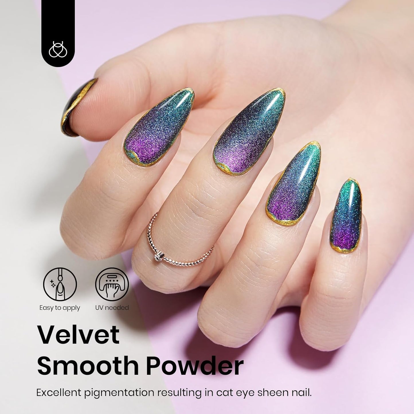 Beetles Cat Eye Chrome Nail Powder Set, 2 in 1 Holographic Metallic Mirror Effect Chameleon Galaxy Powder with No Wipe UV Gel Top Coat Magnet for Velvet Metallic Nail Art-Velvo Beauty