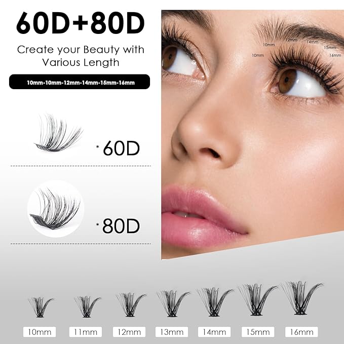 DIY Lash Extensions Kit 320pcs Individual Lashes Clusters 60D 80D D Curl Eyelash Extension Kit with Applicator and Lash Bond&Seal,Clusters Lash Glue Remover For False Eyelash Mix 10-16mm (60D+80D KIT)-Velvo Beauty