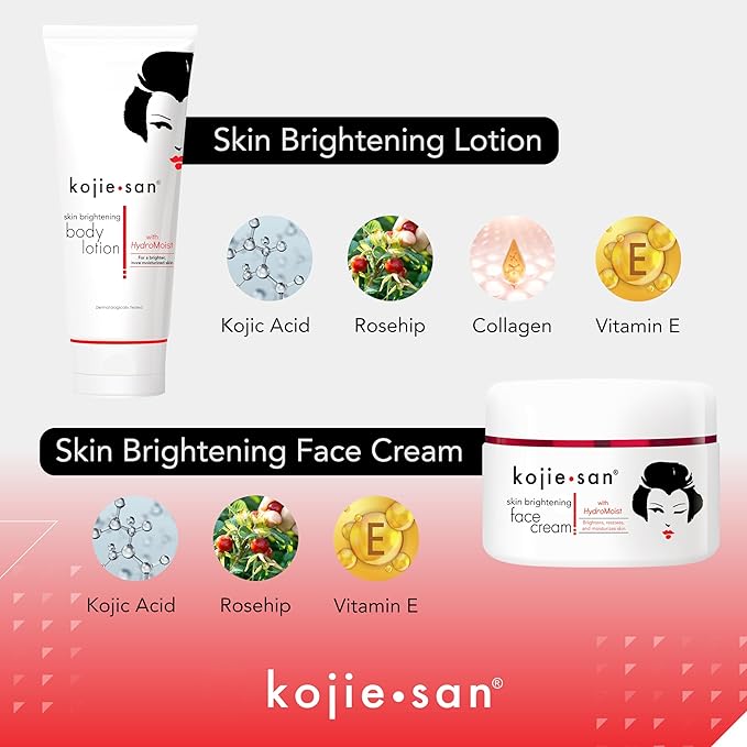 Kojie San Face & Body Complete Brightening Mini Set - 65 Gram x 2 Bars Soap, Body Lotion, Face Cream, and Facial Cleansing Brush-Velvo Beauty