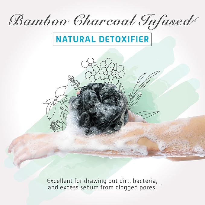Spongentle Charcoal Bamboo Premium Deep Cleansing Loofah Sponge for Radiant Skin, Pack of 4, Bath and Shower, Exfoliating Body Scrubber, Beautiful Colors for Women and Men-Velvo Beauty