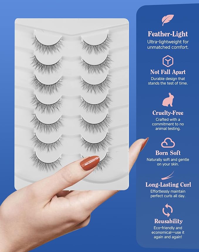 Asian Lashes Natural Wispy Everyday Flared Small Eyelashes Natural Look False Eye Lash korean Fluffy False Eyelash 7 Pairs D33-Velvo Beauty