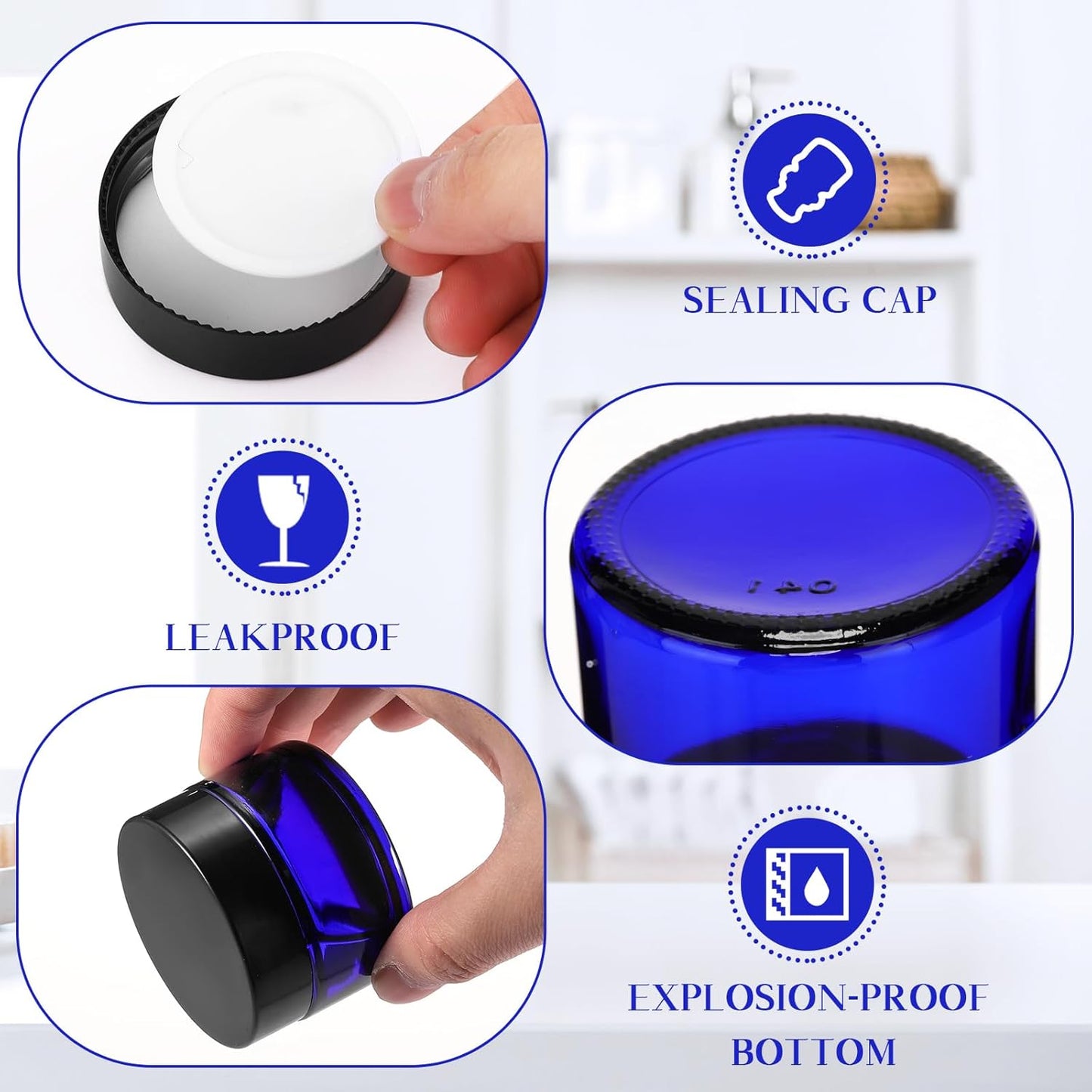 Domensi 100 Pcs 1 oz Glass Jars with Lids Bulk Round Glass Cosmetic Jars Lids 1 oz Small Travel Containers with Inner Liner for Lotions Powders Ointments Sample Cream(Cobalt Blue, Black)-Velvo Beauty