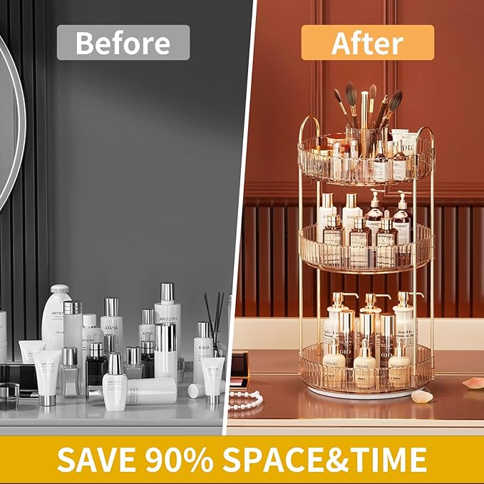 360° Rotating Makeup Organizer, Large-Capacity Skincare Make Up Storage 3 Tier Perfume Organizers Cosmetic Dresser Organizer with Makeup Brush Holder, Fits Bedroom, Bathroom, Vanity Shelf Countertop-Velvo Beauty