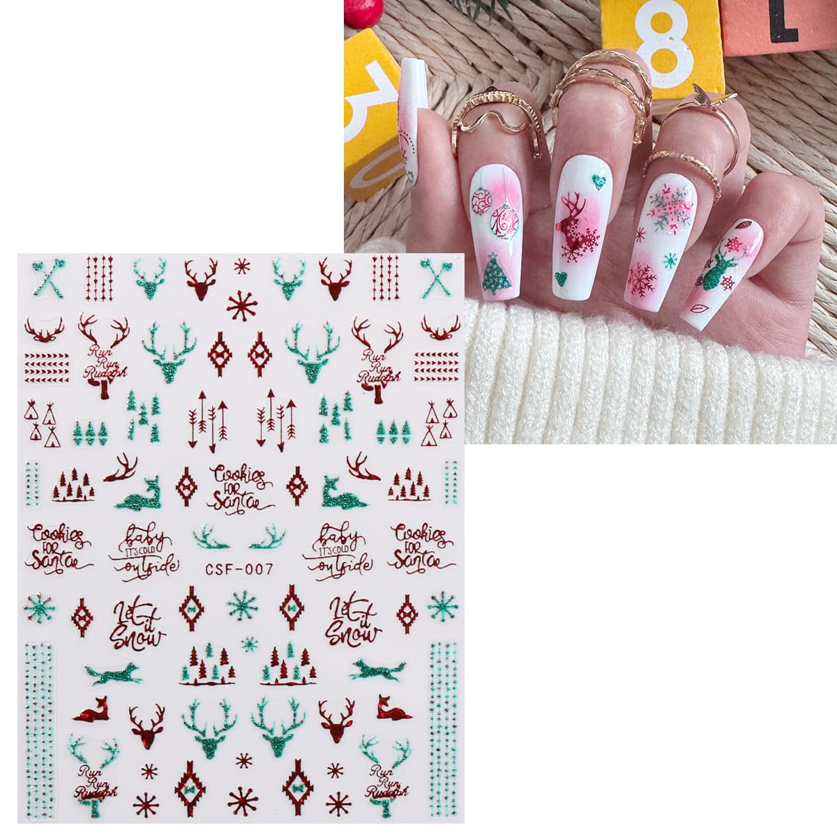 JMEOWIO 9 Sheets Christmas Glitter Nail Art Stickers Decals Self-Adhesive Green Red Snowflake Winter Holiday Nail Supplies Nail Art Design Decoration Accessories-Velvo Beauty